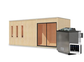 Saunahaus Monterey SET naturbelassen mit Ofen 9kW Bio ext. Strg. 2163x5735x2440mm