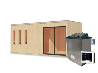 Saunahaus Monterey SET naturbelassen mit Ofen 9kW ext. Strg. 2163x5735x2440mm