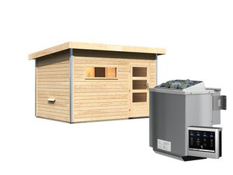 Saunahaus Skrollan 2 mit moderner Tür SET naturbelassen mit Ofen 9 kW Bio externe Strg easy Saunahaus Skrollan 2 mit moderner Tür SET naturbelassen mit Ofen 9 kW Bio externe Strg easy