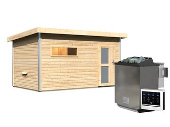 Saunahaus Skrollan 3 mit Milchglastür SET naturbelassen mit Ofen 11kW Bio ext. Strg., 2310x3960x2270mm