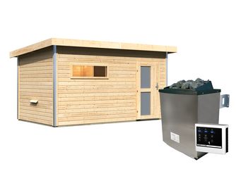 Saunahaus Skrollan 3 mit Milchglastür SET naturbelassen mit Ofen 11kW ext. Strg. 2310x3960x2270mm