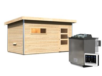 Saunahaus Skrollan 3 mit moderner Tür SET naturbelassen mit Ofen 11kW Bio ext. Strg. 2310x3960x2270mm