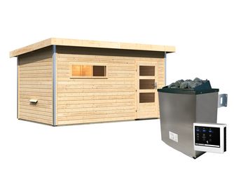Saunahaus Skrollan 3 mit moderner Tür SET naturbelassen mit Ofen 11kW ext. Strg. 2310x3960x2270mm