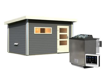 Saunahaus Skrollan 3 mit moderner Tür SET terragrau mit Ofen 11kW Bio ext. Strg 2310x3960x2270mm