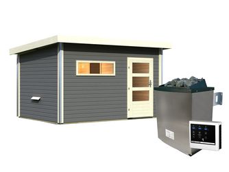 Saunahaus Skrollan 3 mit moderner Tür SET terragrau mit Ofen 11kW ext. Strg 2310x3960x2270mm