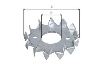 Scheibendübel mit Zähnen, doppelseitig, sendz.vz., Außen:Ø48mm, Innen:Ø17mm Scheibendübel mit Zähnen, doppelseitig, sendz.vz., Außen:Ø48mm, Innen:Ø17mm