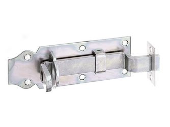 Schlossriegel, m.flachem Griff, gekröpft, m.Schließblech, disp., Platte LxB120x44mm Schlossriegel, m.flachem Griff, gekröpft, m.Schließblech, disp., Platte LxB120x44mm