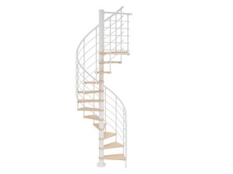 Spindeltreppe Oslo Ø140cm weiß Stufen Buche Leimholz 15 Stufen, Geschosshöhe 336-368cm Kunststoffstäbe