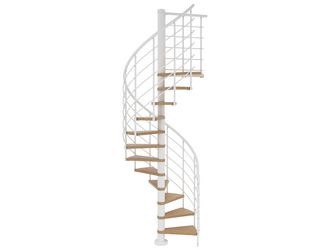 Spindeltreppe Oslo Ø120cm weiß Stufen Eiche Leimholz 11 Stufen, Geschosshöhe 252-276cm Kunststoffstäbe