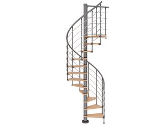 Spindeltreppe Oslo Ø160cm grau Stufen Buche Leimholz 15 Stufen, Geschosshöhe 336-368cm Edelstahlstäbe
