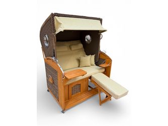 Strandkorb Rustikal 305 Z Bullaugen Comfort XL, PE-Geflecht antik-braun, Dessin 1253, 135x160x9cm