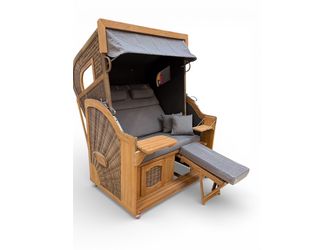 Strandkorb Rustikal 405 Z seitliche Fenster Teak Comfort XL, PE-Geflecht antik-braun, Dessin 1222, 135x165x90cm