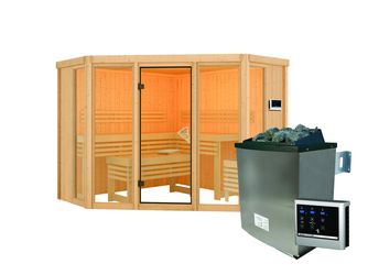 Systemsauna Alcinda mit bronz. Tür SET mit Ofen 9kW ext. Strg. 2310x2310x1980mm Systemsauna Alcinda mit bronz. Tür SET mit Ofen 9kW ext. Strg. 2310x2310x1980mm