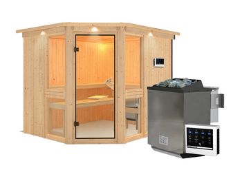 Systemsauna Amelia 3 mit bronz. Tür und Kranz SET mit Ofen 9kW Bio ext. Strg. Easy 2450x2100x1980mm