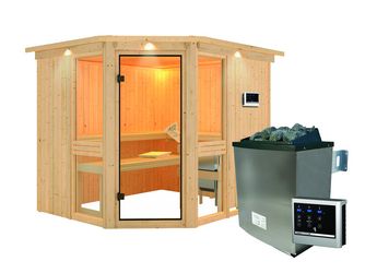 Systemsauna Amelia 3 mit bronz. Tür und Kranz SET mit Ofen 9kW Edelstahl ext. Strg Easy 2450x2100x1980mm