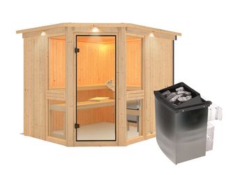 Systemsauna Amelia 3 mit bronz. Tür und Kranz SET mit Ofen 9kW int. Strg. 2450x2100x2020mm Systemsauna Amelia 3 mit bronz. Tür und Kranz SET mit Ofen 9kW int. Strg. 2450x2100x2020mm