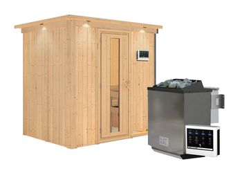 Systemsauna Bodin mit Energiespartür und Kranz SET mit Ofen 9kW Bio ext. Strg. Easy 2100x1650x2020mm Systemsauna Bodin mit Energiespartür und Kranz SET mit Ofen 9kW Bio ext. Strg. Easy 2100x1650x2020mm