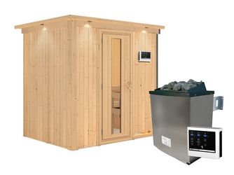 Systemsauna Bodin mit isolierter Holztür und Kranz SET mit Ofen 9kW ext. Strg. Easy 2100x1650x2020mm