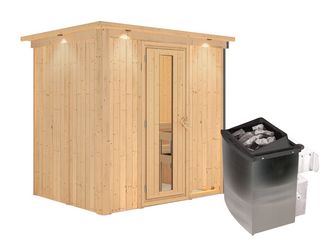 Systemsauna Bodin mit isolierter Holztür und Kranz SET mit Ofen 9kW integr. Strg 2100x1650x2020mm