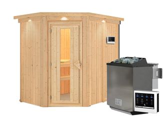 Systemsauna Carin mit isolierter Holztür und Kranz SET mit Ofen 9kW Bio ext. Strg. Easy 1650x2100x2020mm