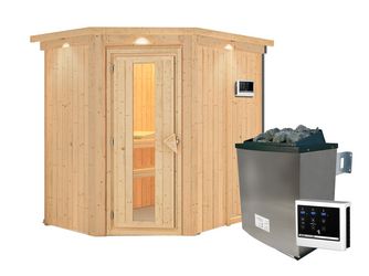 Systemsauna Carin mit isolierter Holztür und Kranz SET mit Ofen 9kW ext. Strg. Easy 1650x2100x2020mm