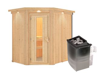 Systemsauna Carin mit isolierter Holztür und Kranz SET mit Ofen 9kW integr. Strg 1650x2100x2020mm
