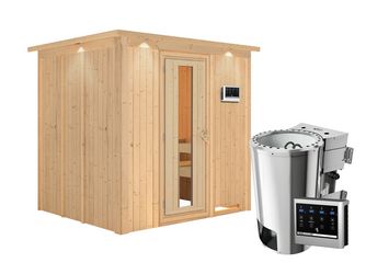 Systemsauna Daria mit isolierter Holztür und Kranz SET Ofen 3,6kW Bio-Ofen externe Strg. Easy 2100x1840x2020mm
