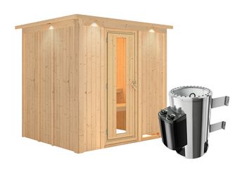 Systemsauna Daria mit isolierter Holztür und Kranz SET Ofen 3,6kW intgr. Strg 2100x1840x2020mm
