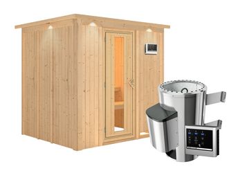 Systemsauna Daria mit isolierter Holztür und Kranz SET mit Ofen 3,6kW ext. Strg. Easy 2100x1840x2020mm