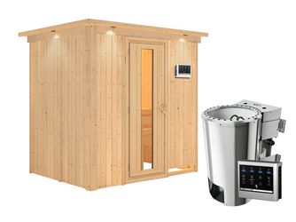 Systemsauna Fanja mit isolierter Holztür und Kranz SET Ofen 3,6kW Bio-Ofen externe Strg. Easy 2100x1650x2020mm