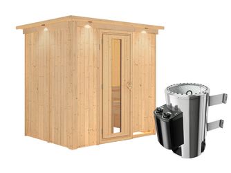 Systemsauna Fanja mit isolierter Holztür und Kranz SET Ofen 3,6kW intgr. Strg 2100x1650x2020mm