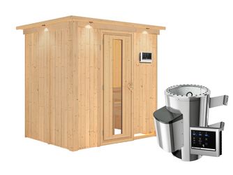 Systemsauna Fanja mit isolierter Holztür und Kranz SET mit Ofen 3,6kW ext. Strg. Easy 2100x1650x2020mm