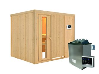Systemsauna Gobin mit Energiespartür SET mit Ofen 9kW ext. Strg Easy 2310x1960x1980mm Systemsauna Gobin mit Energiespartür SET mit Ofen 9kW ext. Strg Easy 2310x1960x1980mm