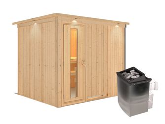 Systemsauna Gobin mit Energiespartür und Kranz SET mit Ofen 9kW integr. Strg 2450x2100x2020mm Systemsauna Gobin mit Energiespartür und Kranz SET mit Ofen 9kW integr. Strg 2450x2100x2020mm