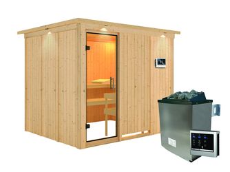 Systemsauna Gobin mit Klarglastür und Kranz SET Ofen 9KW externe Strg easy 2450x2100x2020mm