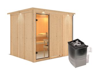 Systemsauna Gobin mit Klarglastür und Kranz SET Ofen 9kW integr. Strg 2450x2100x2020mm Systemsauna Gobin mit Klarglastür und Kranz SET Ofen 9kW integr. Strg 2450x2100x2020mm