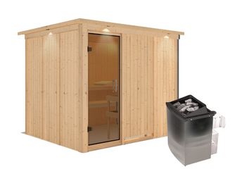 Systemsauna Gobin mit Tür graphit und Kranz SET mit Ofen 9kW integr. Strg 2450x2100x2020mm Systemsauna Gobin mit Tür graphit und Kranz SET mit Ofen 9kW integr. Strg 2450x2100x2020mm