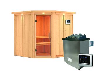 Systemsauna Jarin mit Klarglastür und Kranz SET Ofen 9KW externe Strg easy 2100x2100x2020mm Systemsauna Jarin mit Klarglastür und Kranz SET Ofen 9KW externe Strg easy 2100x2100x2020mm