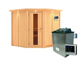 Systemsauna Jarin mit Kranz und isolierter Holztür SET mit Ofen 9kW ext. Strg Easy 2100x2100x2020mm