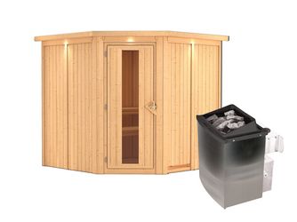 Systemsauna Jarin mit Kranz und isolierter Holztür SET mit Ofen 9kW integr. Strg 2100x2100x2020mm