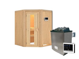 Systemsauna Larin mit isolierter Holztür SET mit Ofen 9kW ext. Strg. Easy 1510x1510x1980mm