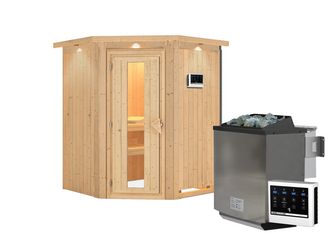 Systemsauna Larin mit isolierter Holztür und Kranz SET mit Ofen 9kW Bio ext. Strg. Easy 1650x1650x2020mm
