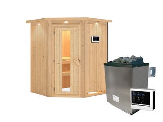 Systemsauna Larin mit isolierter Holztür und Kranz SET mit Ofen 9kW ext. Strg. Easy 1650x1650x2020mm