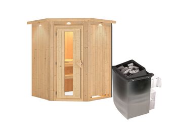 Systemsauna Larin mit isolierter Holztür und Kranz SET mit Ofen 9kW integr. Strg 1650x1650x2020mm