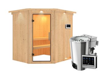 Systemsauna Lilja mit Klarglastür und Kranz SET Ofen 3,6kW Bio-Ofen externe Strg. Easy 2100x1840x2020mm Systemsauna Lilja mit Klarglastür und Kranz SET Ofen 3,6kW Bio-Ofen externe Strg. Easy 2100x1840x2020mm