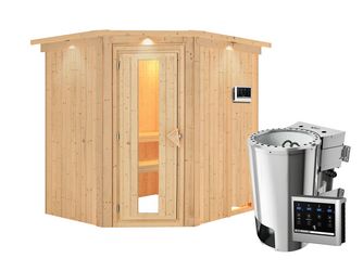 Systemsauna Lilja mit isolierter Holztür und Kranz SET Ofen 3,6kW Bio-Ofen externe Strg. Easy 2100x1840x2020mm