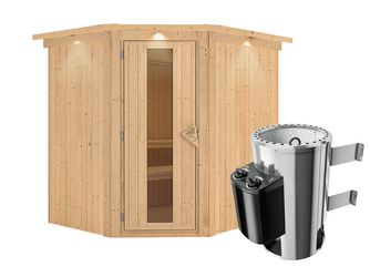 Systemsauna Lilja mit isolierter Holztür und Kranz SET Ofen 3,6kW intgr. Strg 2100x1840x2020mm