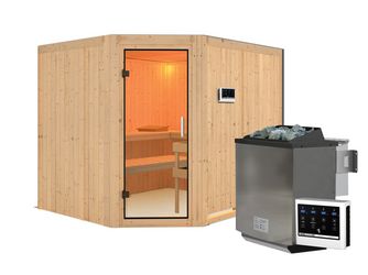 Systemsauna Malin mit Klarglastür SET Ofen 9kW Bio externe Strg easy 2310x1960x1980mm