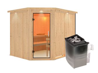 Systemsauna Malin mit Klarglastür und Kranz SET Ofen 9kW integr. Strg 2450x2100x2020mm Systemsauna Malin mit Klarglastür und Kranz SET Ofen 9kW integr. Strg 2450x2100x2020mm