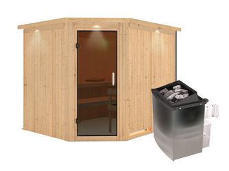 Systemsauna Malin mit Tür graphit und Kranz SET mit Ofen 9kW integr. Strg 2450x2100x2020mm Systemsauna Malin mit Tür graphit und Kranz SET mit Ofen 9kW integr. Strg 2450x2100x2020mm